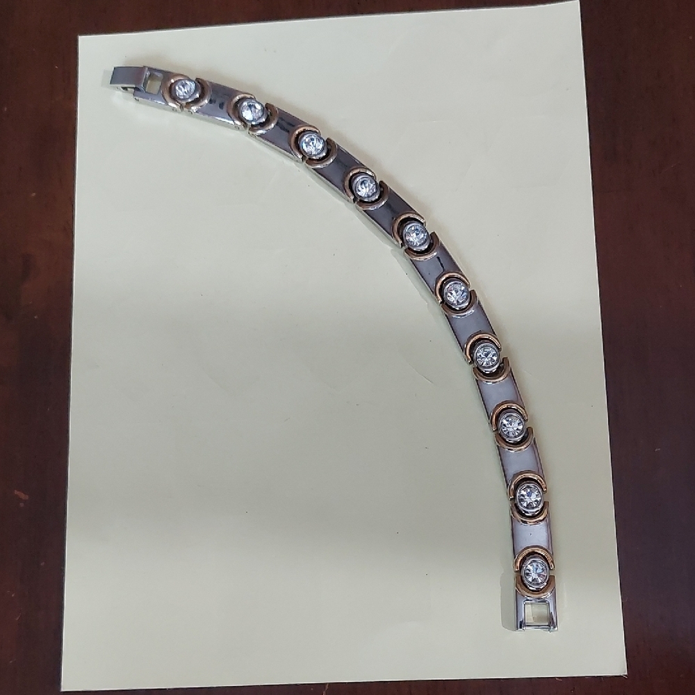 Vintage Shiny Two Tone Link Tennis Bracelet With Clear Glass Crystals Foldover